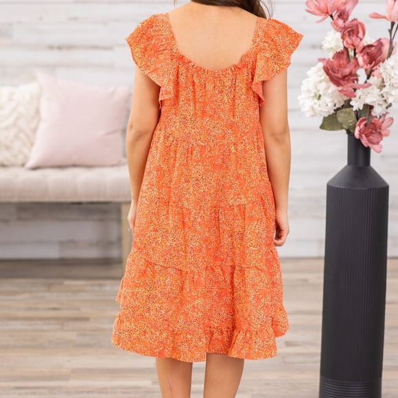 BOGO NWOT- Hailey & Co Ditsy Floral Orange Flutter Sleeve Dress- Small - Picture 2 of 5